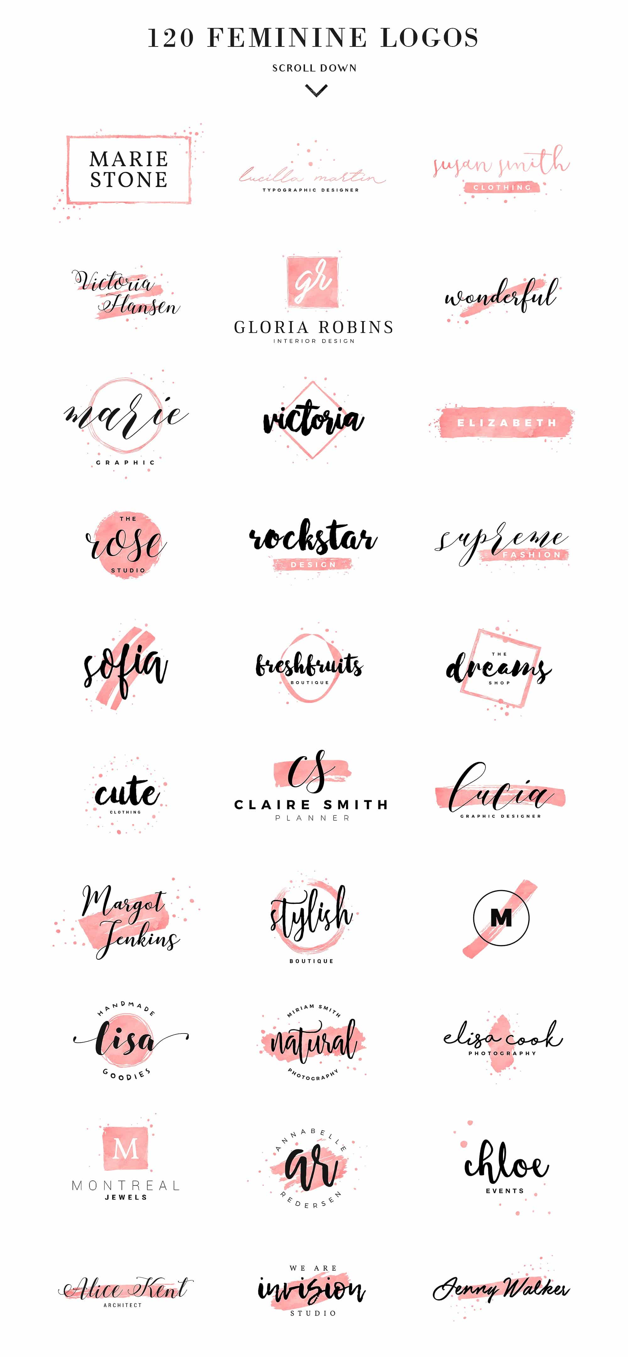 Feminine Branding Logos by David Bassu is a beautiful collection of premium blog style feminine logo templates. Includes 120 feminine modern logos you can customize using Photoshop & Illustrator. Bonus: 25 high quality textures that will really spice up your logo design. Shop online at Jennifer-Franklin.com/shop.