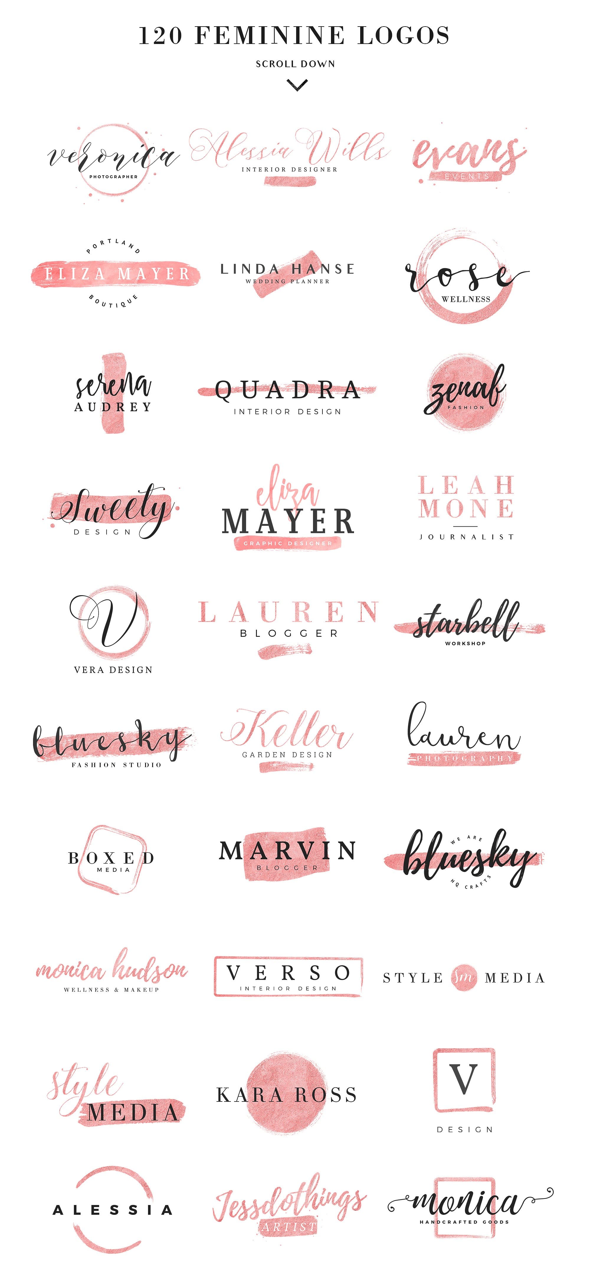 Feminine Branding Logos by David Bassu is a beautiful collection of premium blog style feminine logo templates. Includes 120 feminine modern logos you can customize using Photoshop & Illustrator. Bonus: 25 high quality textures that will really spice up your logo design. Shop online at Jennifer-Franklin.com/shop.