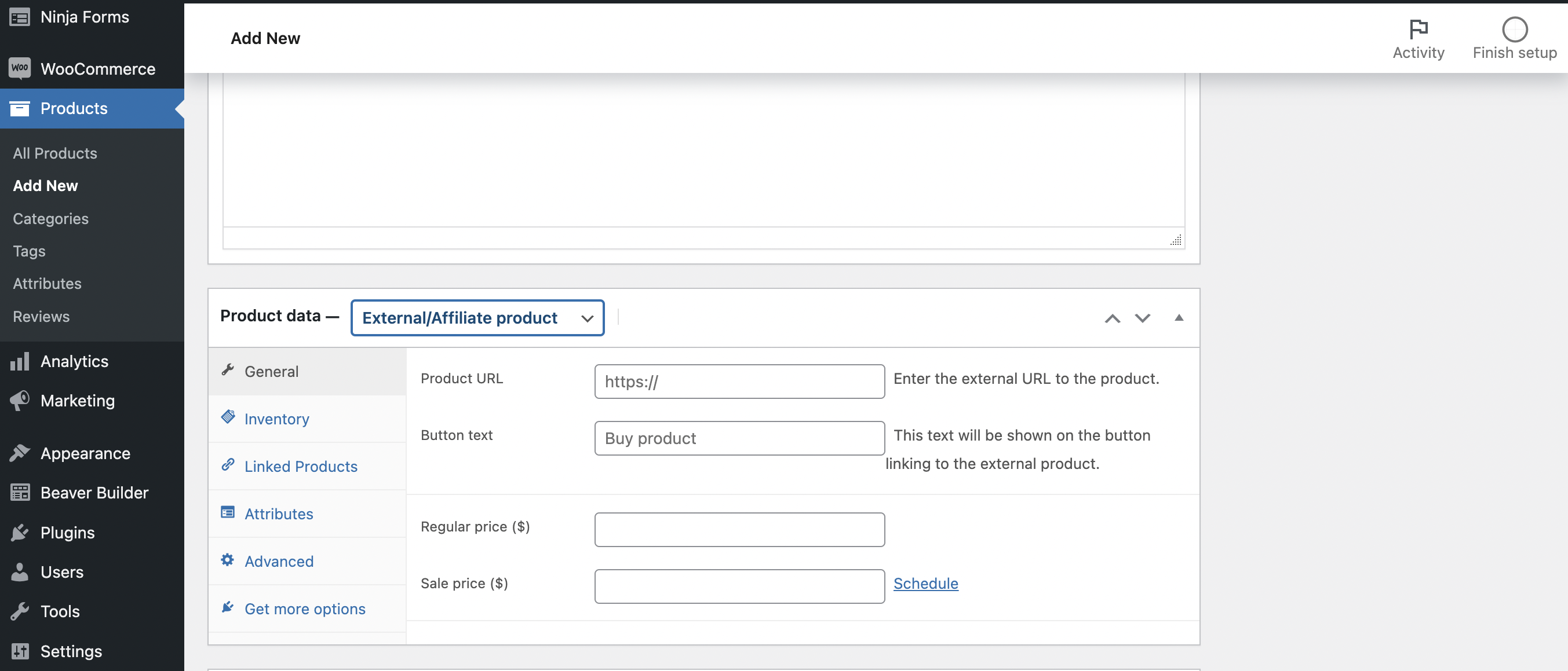 How to add affiliate products WooCommerce store STEP 2: select External/Affiliate Product 
