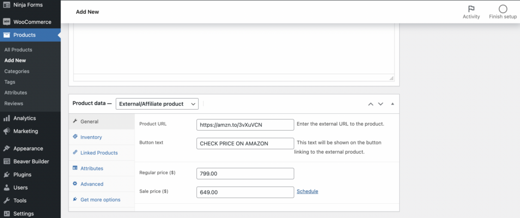 How to add affiliate products WooCommerce store STEP 5: add product's price (optional)