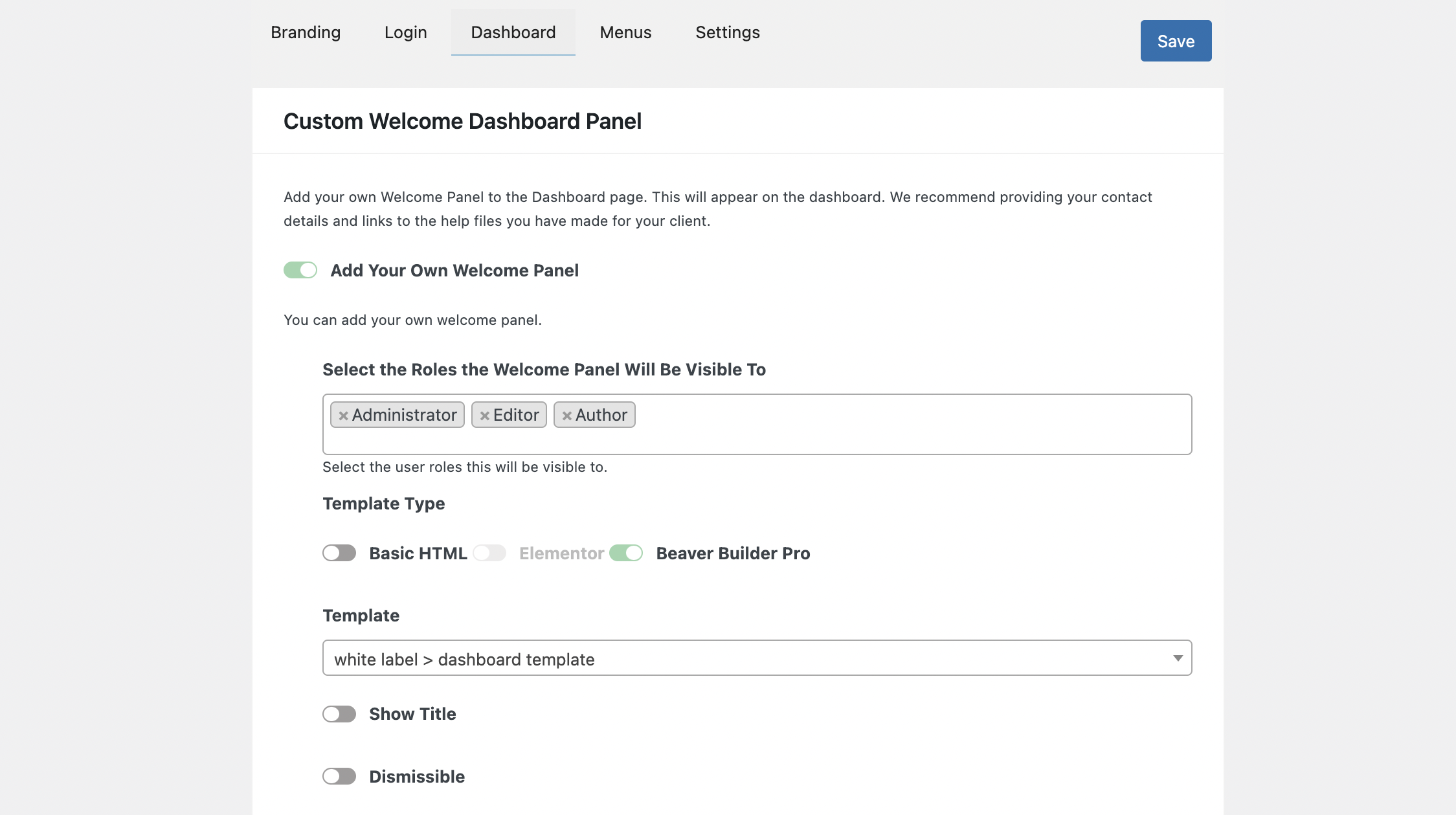 white label cms custom welcome panel