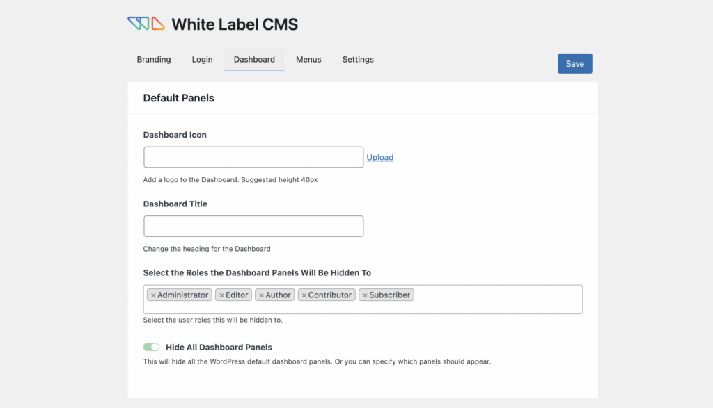 white label cms default panels