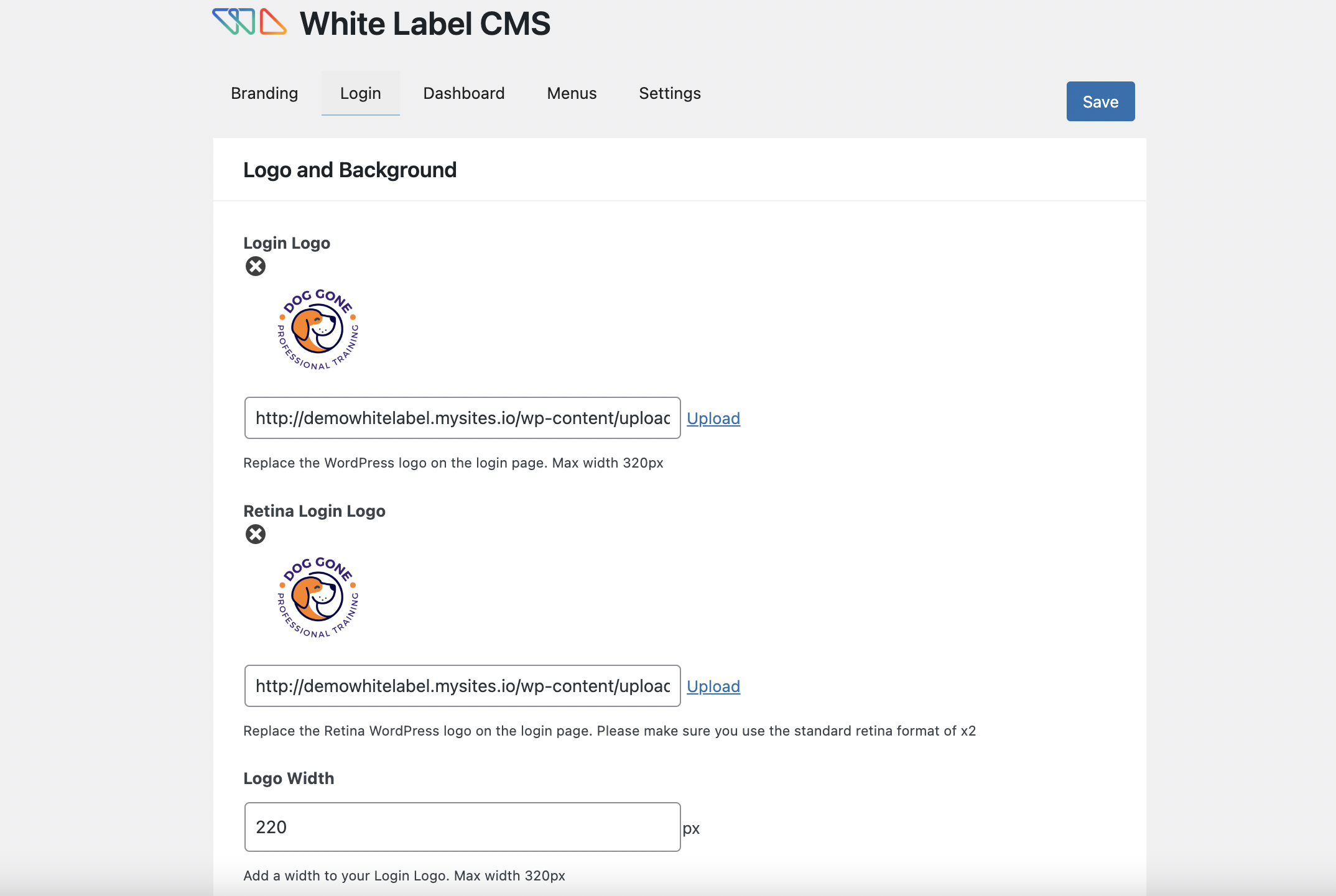 white label cms login page logo and background
