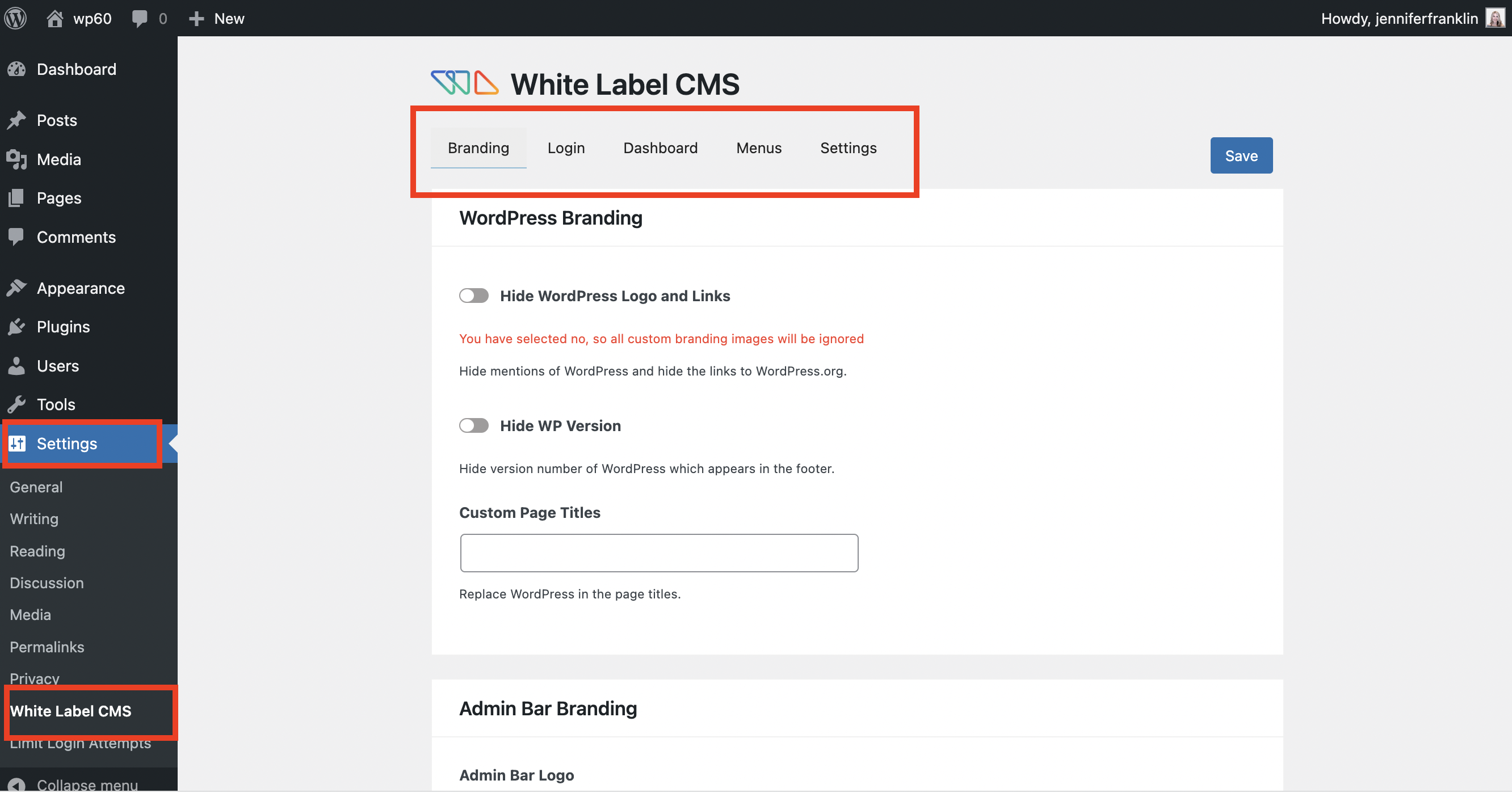 white label cms settings page