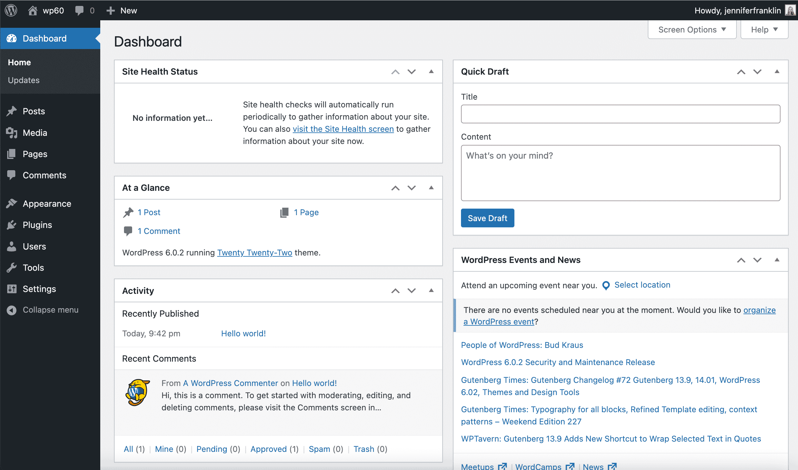 default WordPress admin dashboard